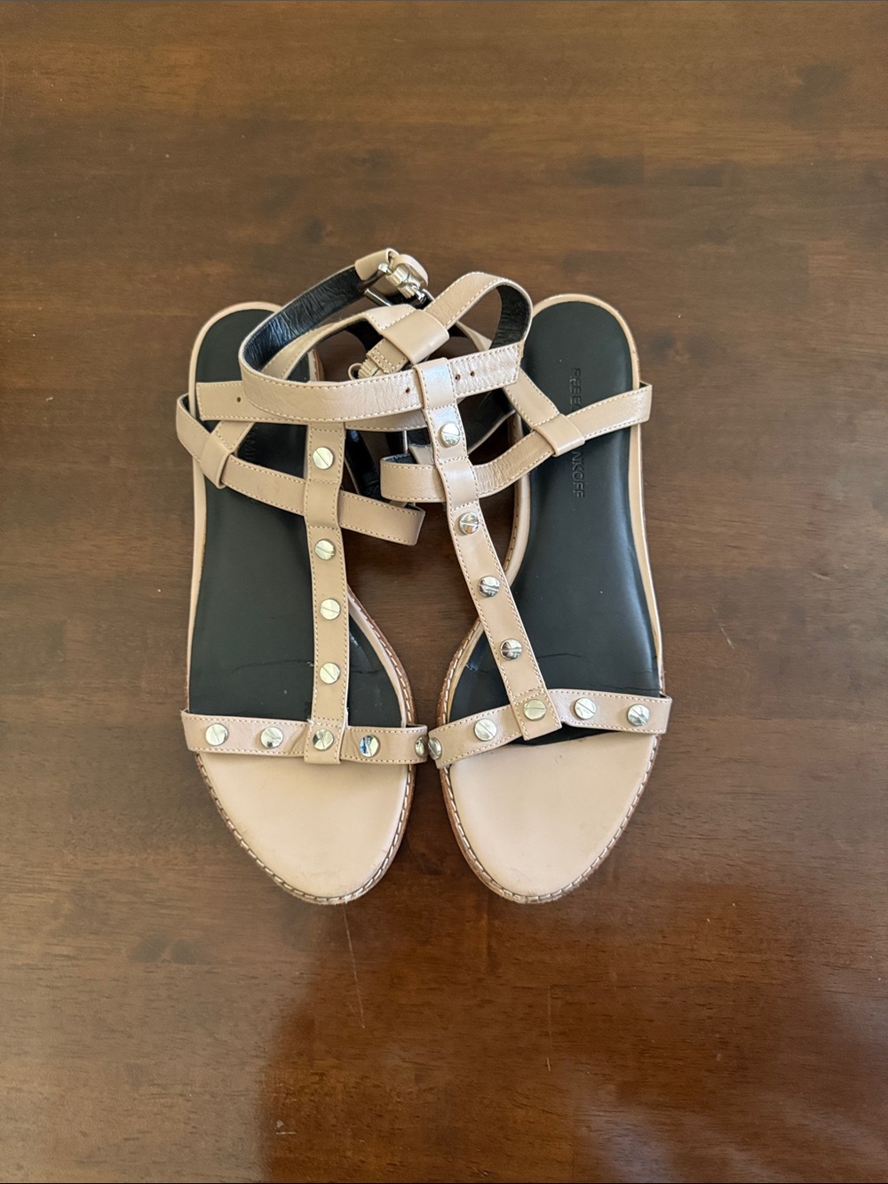 Rebecca Minkoff Beige Studded T-Strap Sandals - Picture 3 of 5